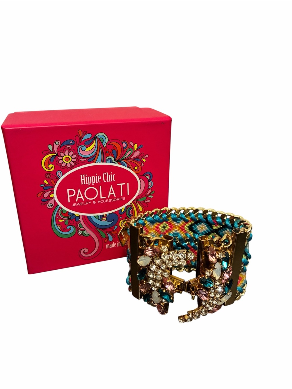 Hippie Chic Paolati Woven Crystal Cuff Bracelet Gold Tone Made in Italy 7in